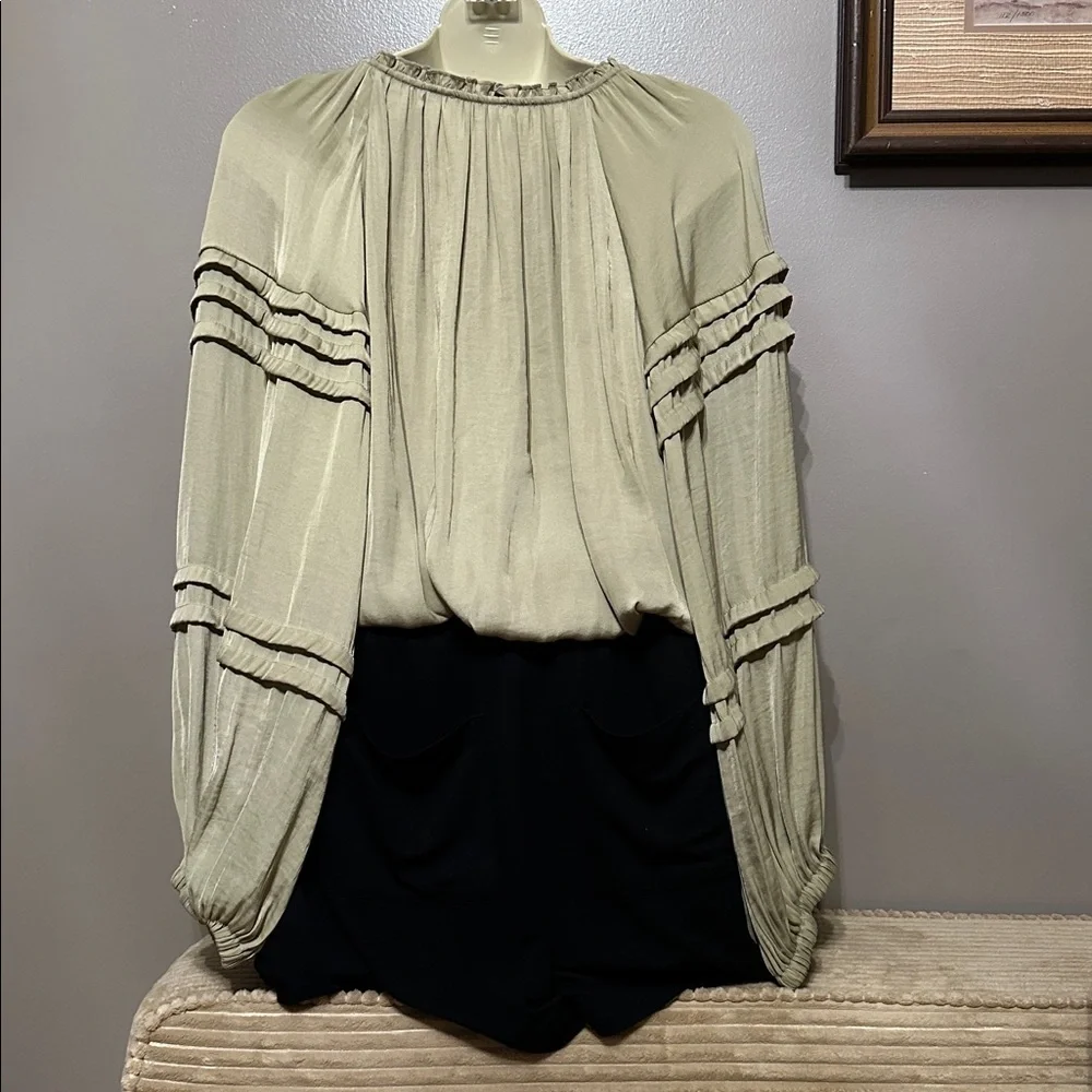 Free People All Tucks Bodysuit with Tassel Tie & Balloon Sleeves XS green